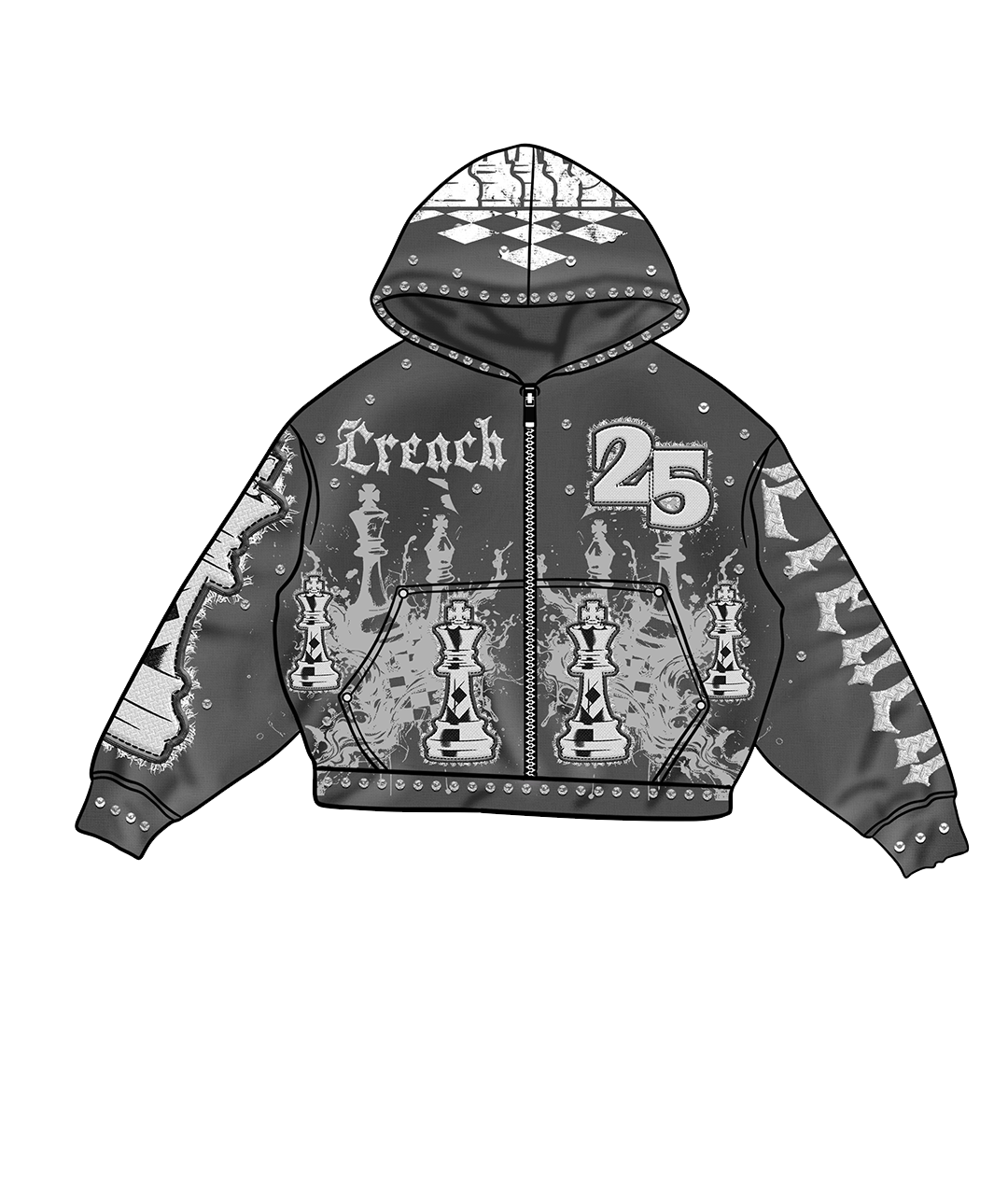 "Trench&Co." Hoodie – Heavyweight Stone-Washed Black with Embroidery, Rhinestones & Chess-Inspired Graphics