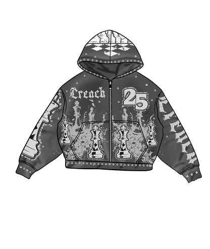 "Trench&Co." Hoodie – Heavyweight Stone-Washed Black with Embroidery, Rhinestones & Chess-Inspired Graphics